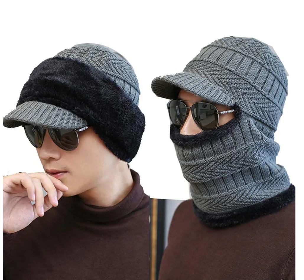 Thermal Warming Beanie Cap Hat With Brim And Warm Scarf For Men Women (Random Color)