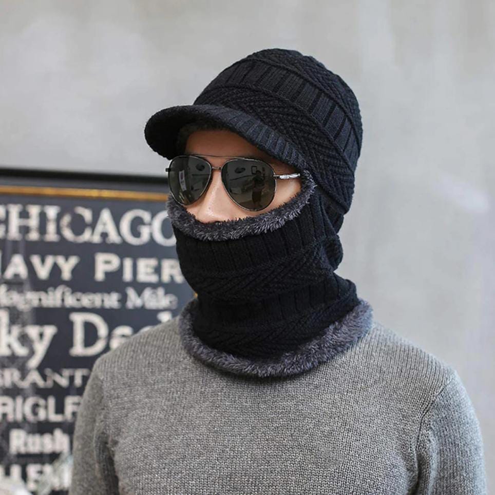 Thermal Warming Beanie Cap Hat With Brim And Warm Scarf For Men Women (Random Color)