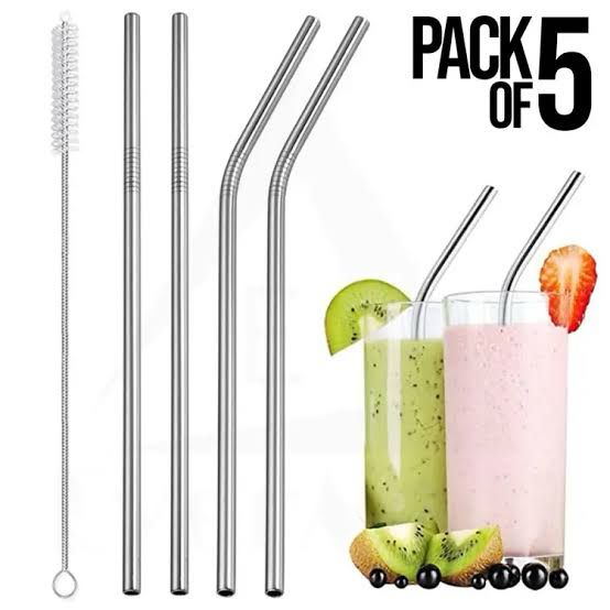 SS drinking straws with cleaning brush pack of 5.