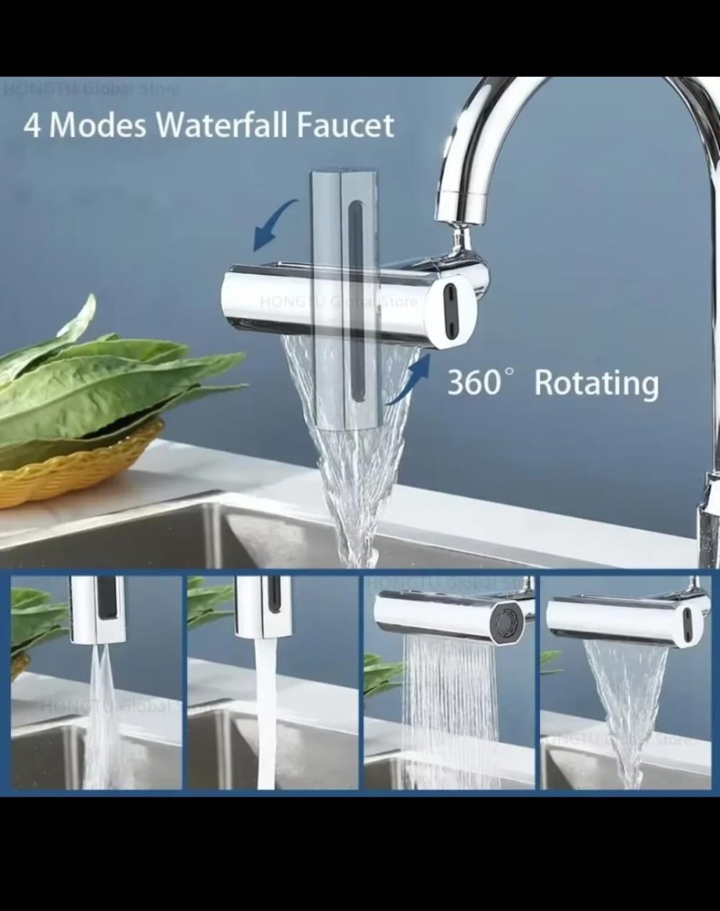 Kitchen Sink Waterfall Faucet Pressurized Bubbler Splash-proof 4 Modes Spout