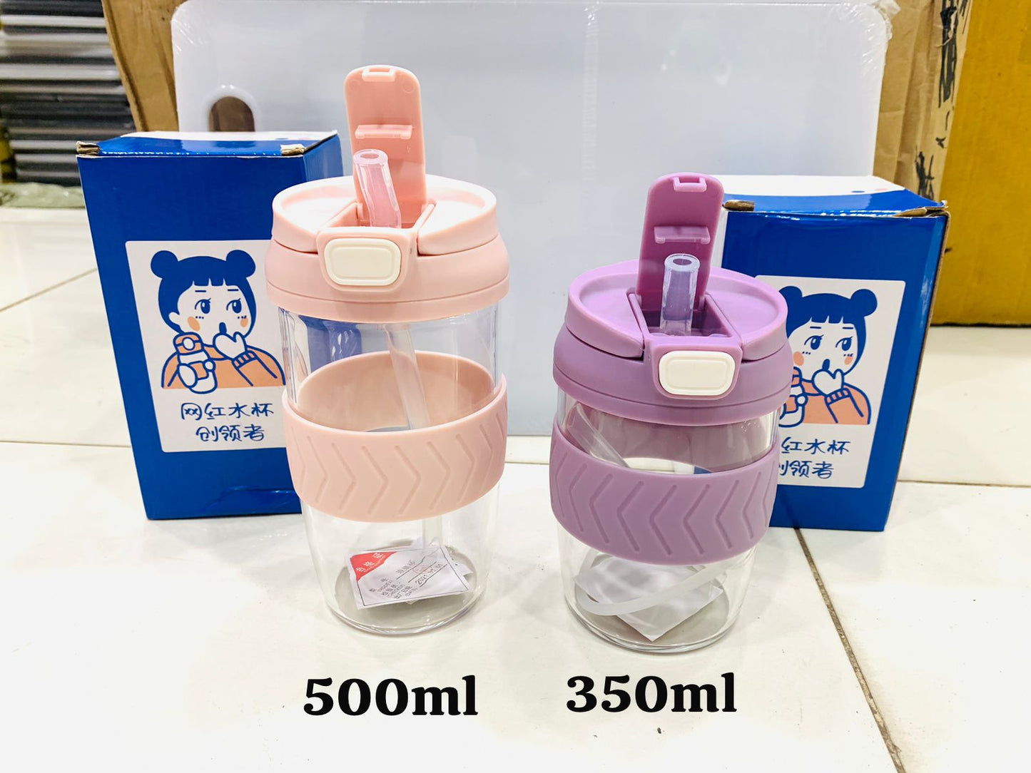 350 ml NEW STYLE 2IN1 JUICE SIPPER MUG GLASS BOTTLE SILICONE COVER