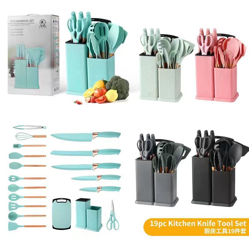 HIGH QUALITY NON STICK KITCHEN UTENSILS SET 19PCS (SPOONS KNIFES CUTTING BOARD