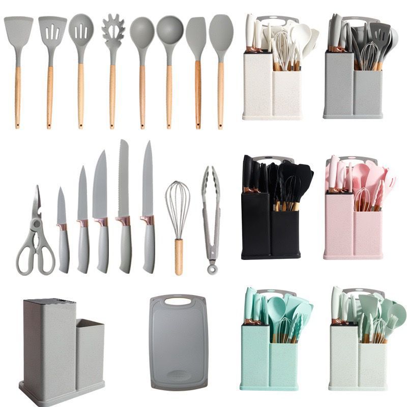 HIGH QUALITY NON STICK KITCHEN UTENSILS SET 19PCS (SPOONS KNIFES CUTTING BOARD
