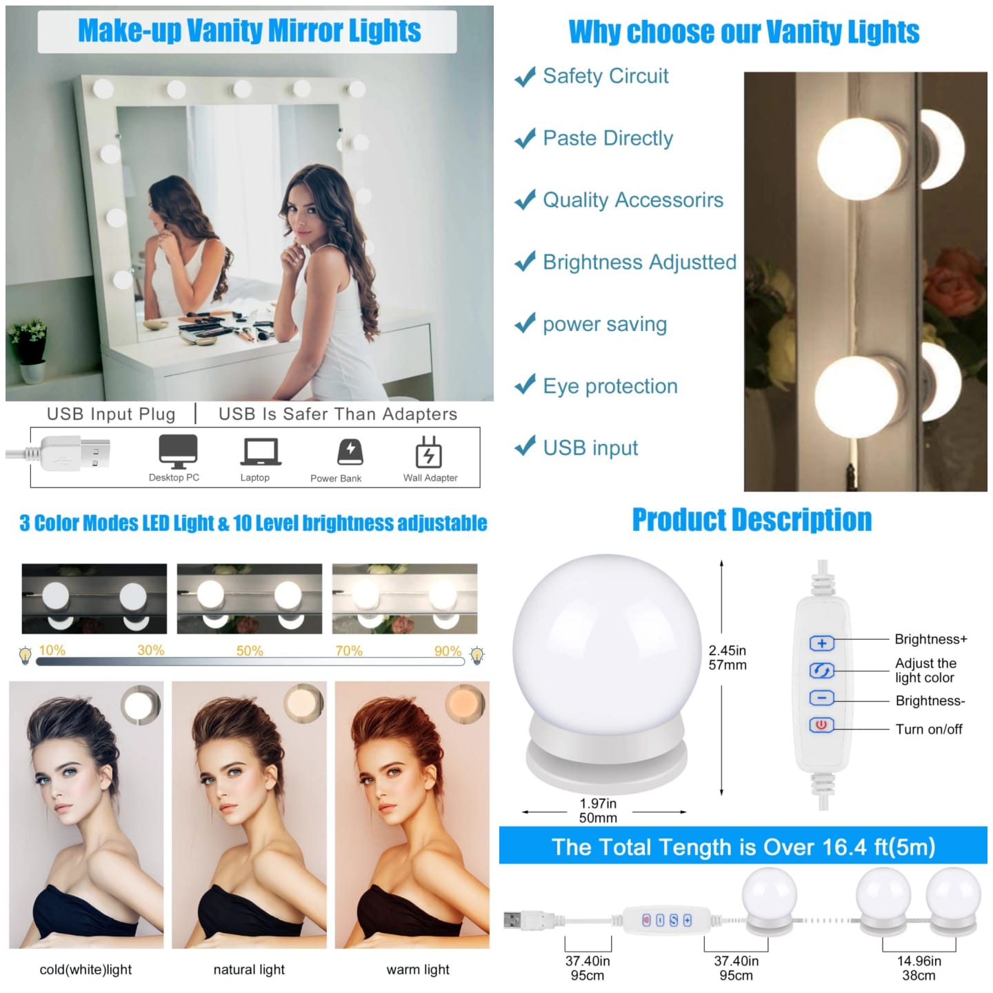 Vanity Mirror Fill Light Adjustable Luminance 3 Colors LED USB Wall Bulbs String For All Pretty 3 Colors Dimmable Vanity Light