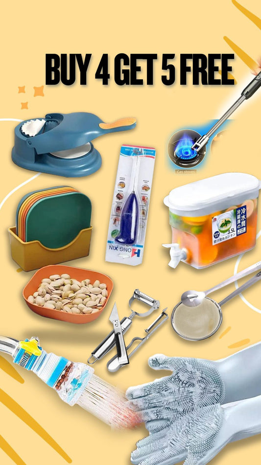 Deal 01 pack of 09: soft drink jar, samosa maker, coffee beater, fry tong, spark lighter, peeler set, washing gloves, 10 plate set, and tap faucet.