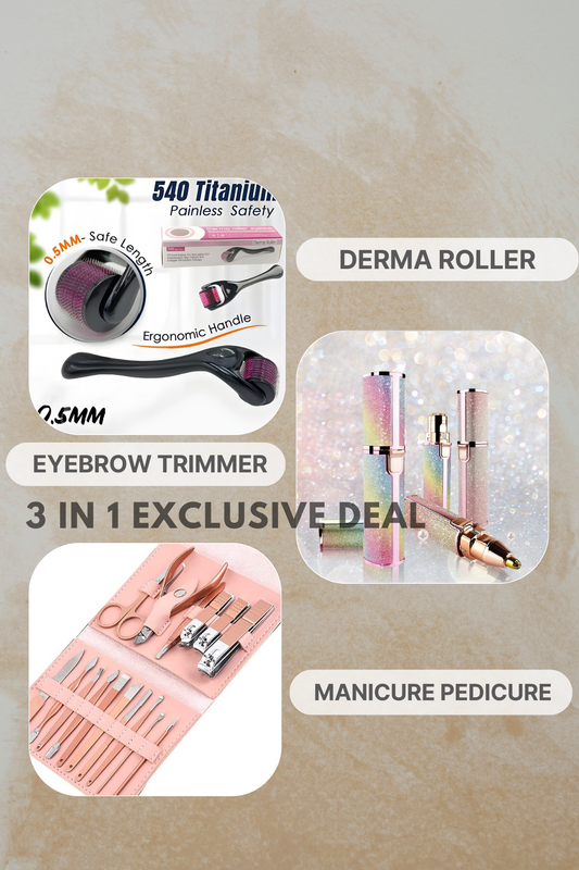 Deal 02 3in1, Eyebrow Trimmer, manicure pedicure kit, Derma roller