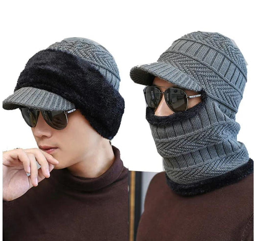 Thermal Warming Beanie Cap Hat With Brim And Warm Scarf For Men Women (Random Color)