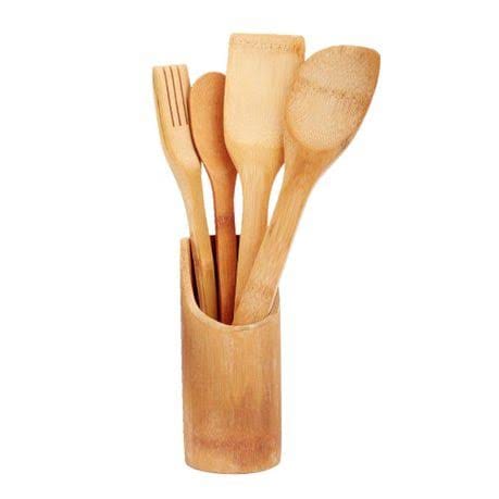 Wooden cooking spoons with stand set of 5 pcs
