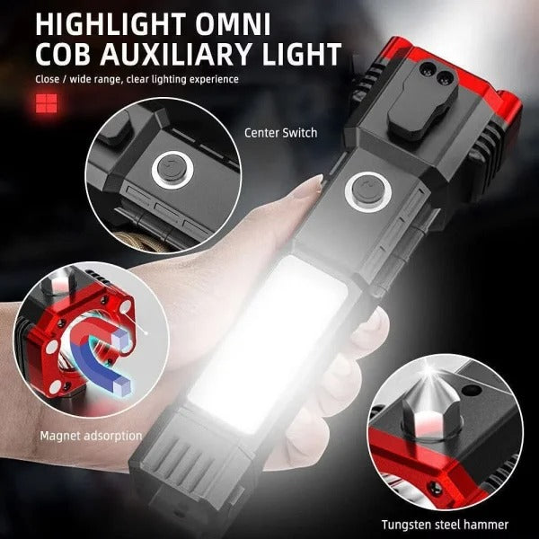 High-power Led Torch Light (Plastic body) Rechargeable Flashlight and Multifunctional Tactical Hammer For Your Lighting Needs With Box (random Color)