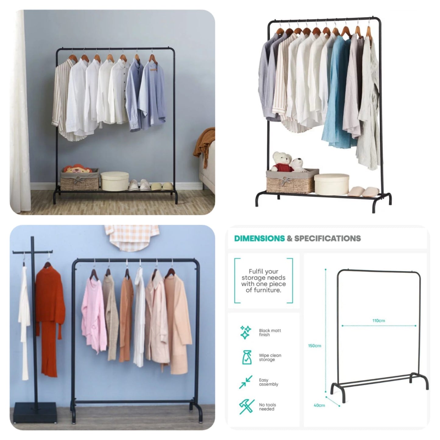 Imported Quality Garment Racks Indoor Bedroom Clothing Hanger, Size 147 x110 x 41CM