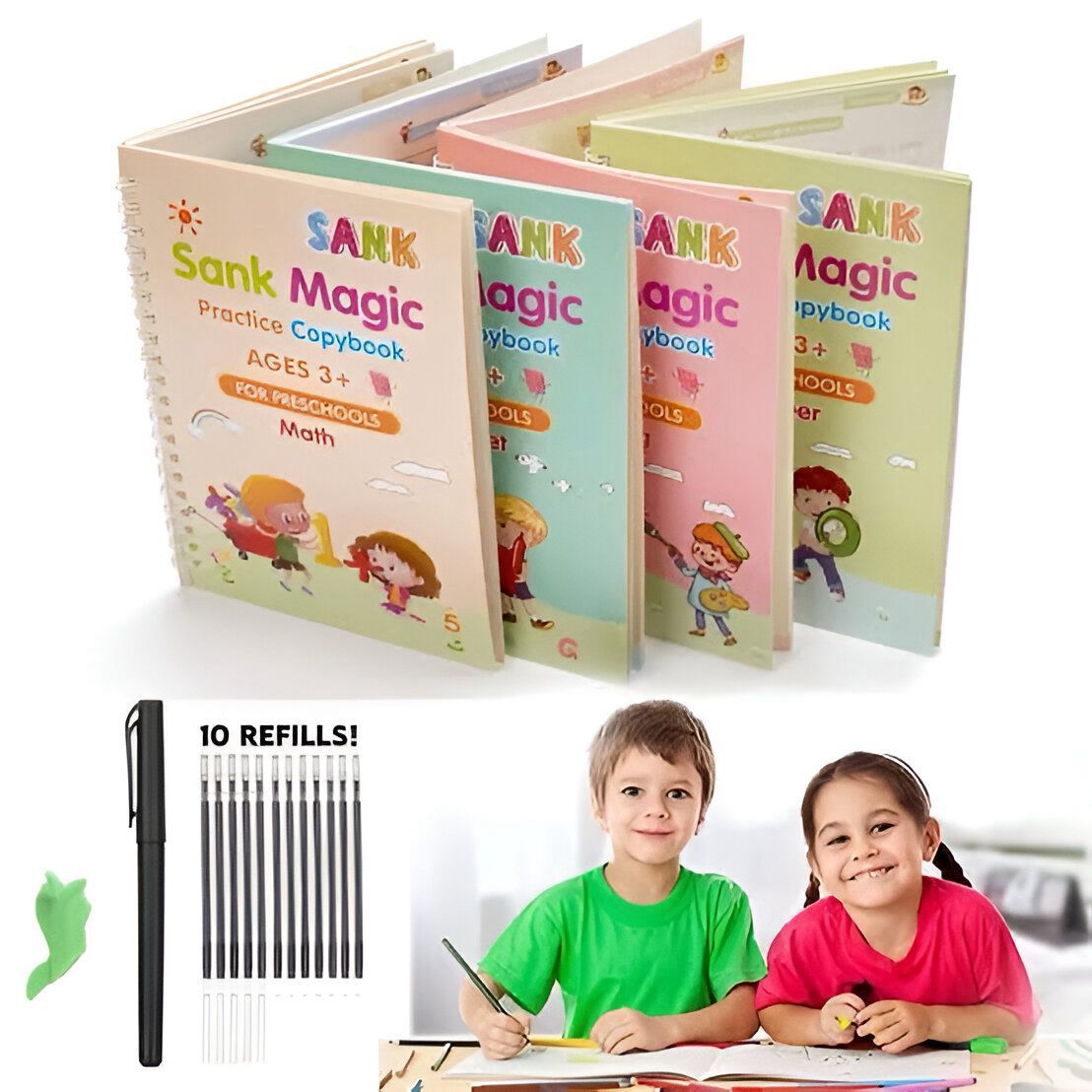 Pack of 04 Magic Practice Copybook, (4 BOOKS+10 REFILL) Number Tracing Book for Preschoolers with Pen, Magic Calligraphy Copybook Set Practice