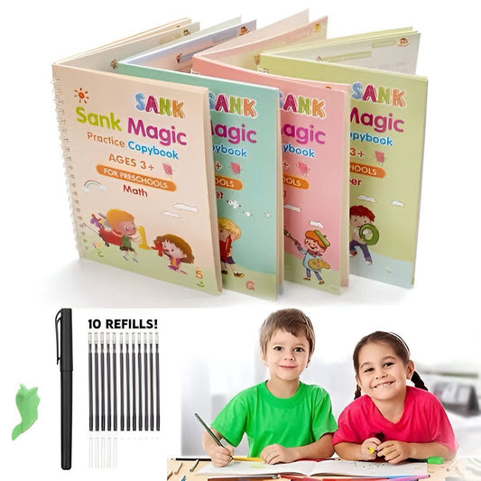 Pack of 04 Magic Practice Copybook, (4 BOOKS+10 REFILL) Number Tracing Book for Preschoolers with Pen, Magic Calligraphy Copybook Set Practice
