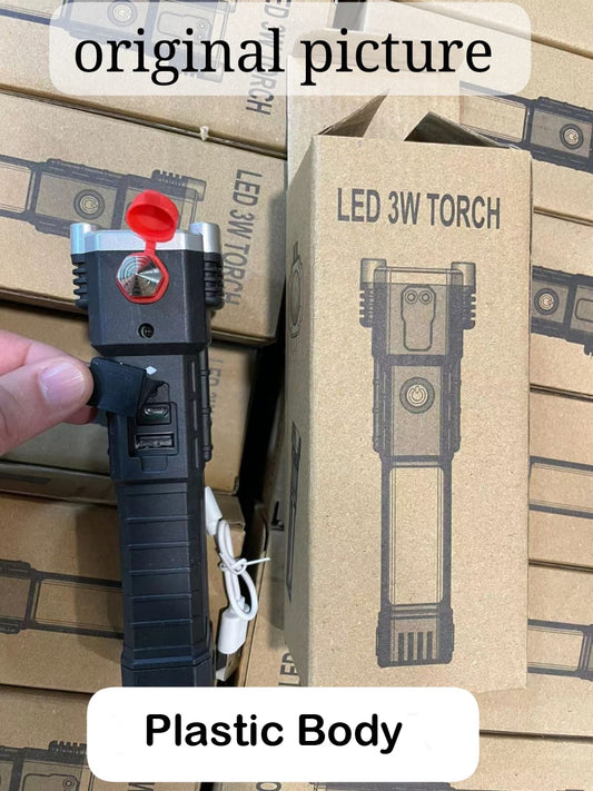 High-power Led Torch Light (Plastic & Metal Body) Rechargeable Flashlight and Multifunctional Tactical Hammer For Your Lighting Needs With Box (random Color)