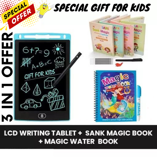 3 in 1 Kids’ Creative Learning Bundle– Magic Practice Book | Magic Water Book | 8.5 inches LCD Writing Tablet